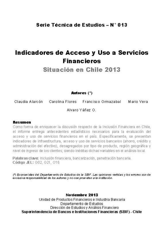 Indicadores de Acceso y Uso a Servicios Financieros: Situación en Chile 2013
