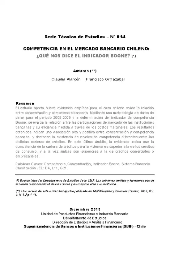 Serie Técnica de Estudios: Competencia en el Mercado Bancario Chileno: ¿Qué nos dice el Indicador Boone?
