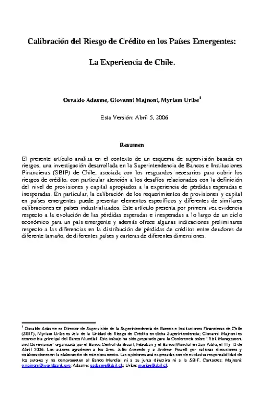 Calibración del Riesgo de Crédito en los Países Emergentes: La Experiencia de Chile